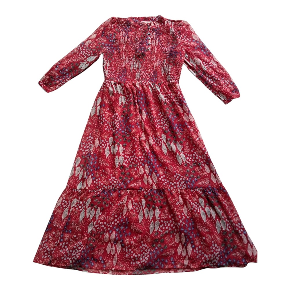 Loft Dress Women's‎ 12 Petite Red Maxi Garden Smocked Bodice Tiered Long Boho
